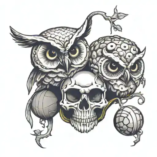 Owls Perched Inside A Skull With Basketballs Infused Somehow