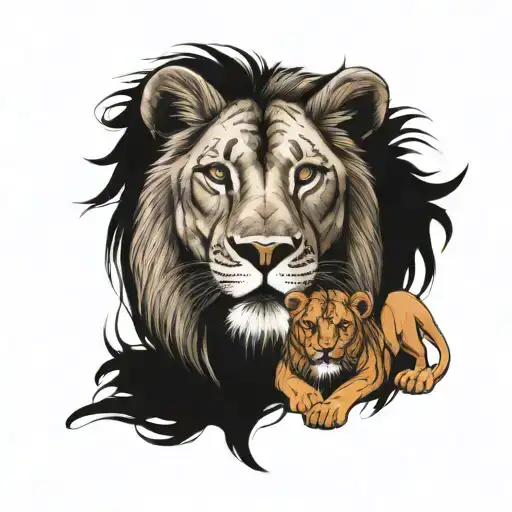 Cub In Front Of Lion But Lion Has Less Opacity