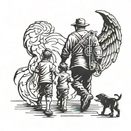 Father Protecting Son And Daughter Shadow Walking