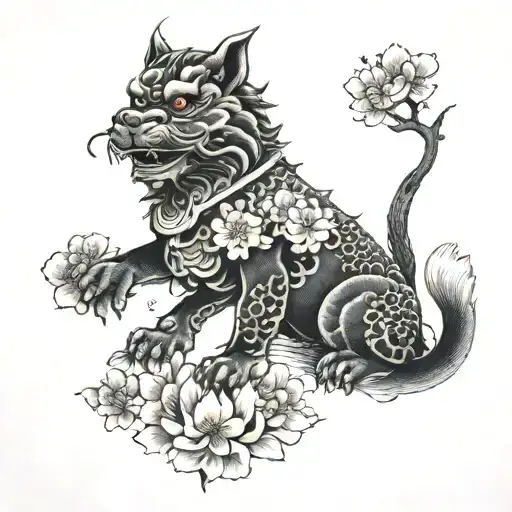 Foo Dog With Japanese Cherry Blossoms Falling
