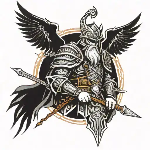 Black Tattoe Of Odin With His Spear And Valkyras Around Him In Their Full Armor