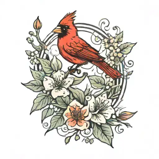 Cardinal And A Hummingbird On Flower Vine
