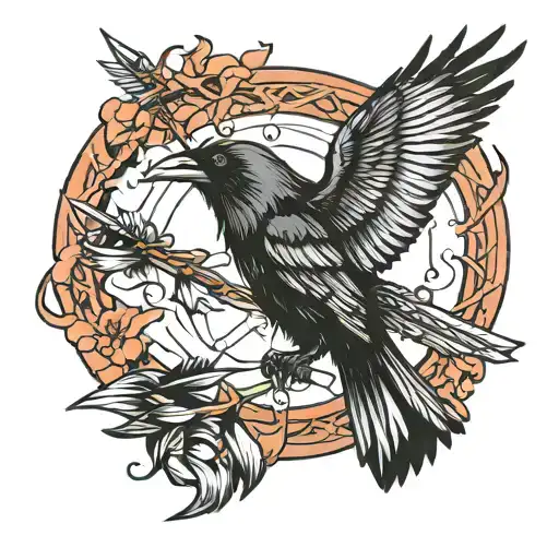 Raven Flying Holding Three Arrows
