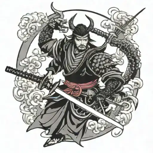Samurai With 3 Sword Black Dragon Surrounding