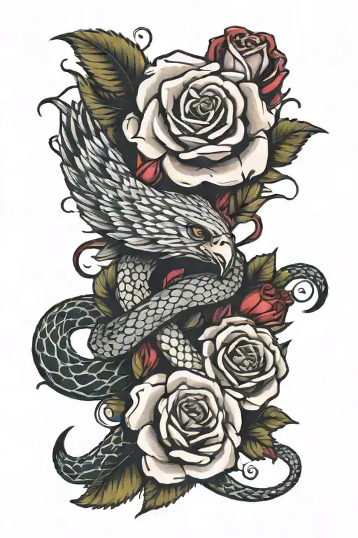 Snake Wrapping Around A Rose And Eagle