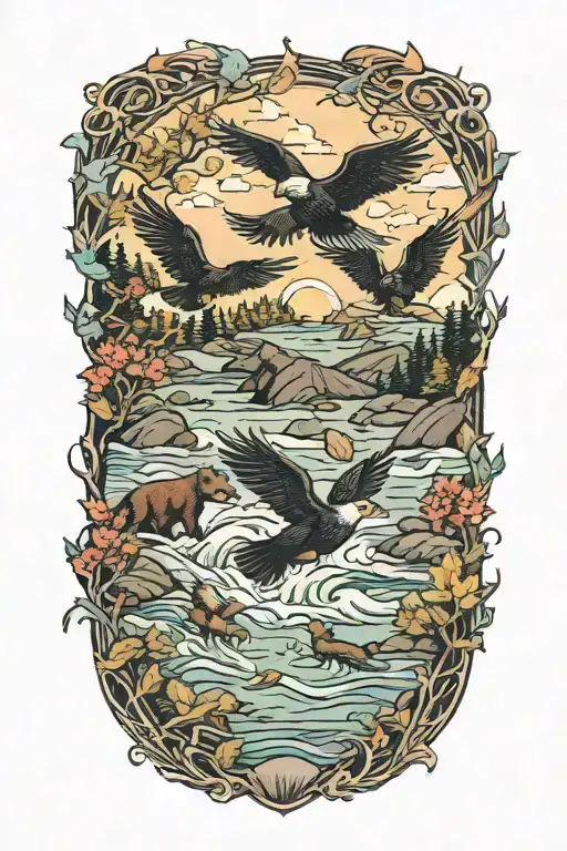 A Flock Of Birds Soaring Over A Tranquil River With Black Bears Fishing Along The Banks
