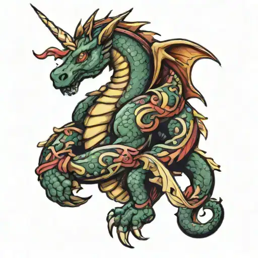 Dragon Wrapped Around Arm With A Unicorn Surrounded