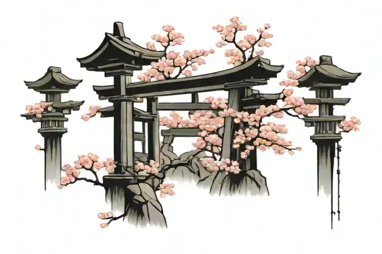 Torii Gate With Cherry Blossom Tree
