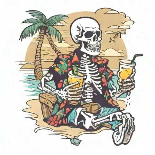 Happy Skeleton In A Hawaiian Shirt Holding A Drink And Relaxing On A Beach