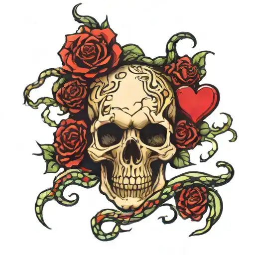 A Skull With A Broken Heart With Snakes Going Through It