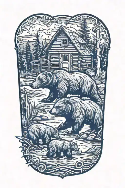 Bears By Water Wall And Cabin