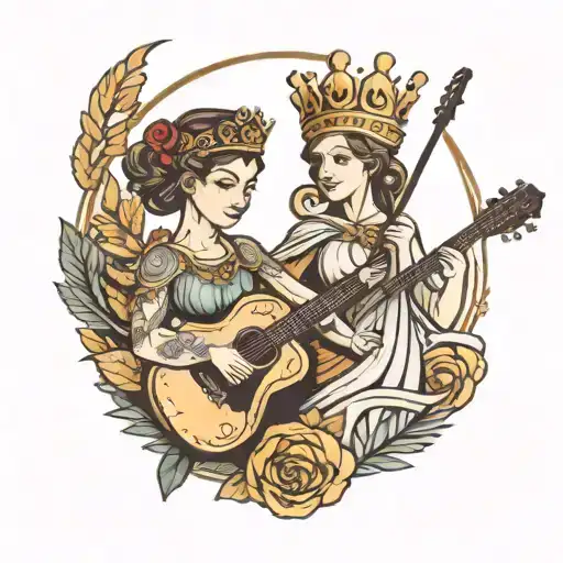 Goddess Athena With A Crown And A Guitar Player With That Pass Hos Crown To A Little Kid