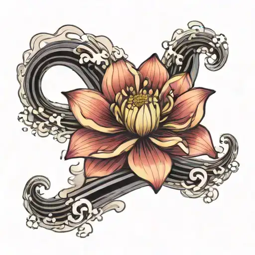 Japanese Lotus Flower With Waves And Winds Blew