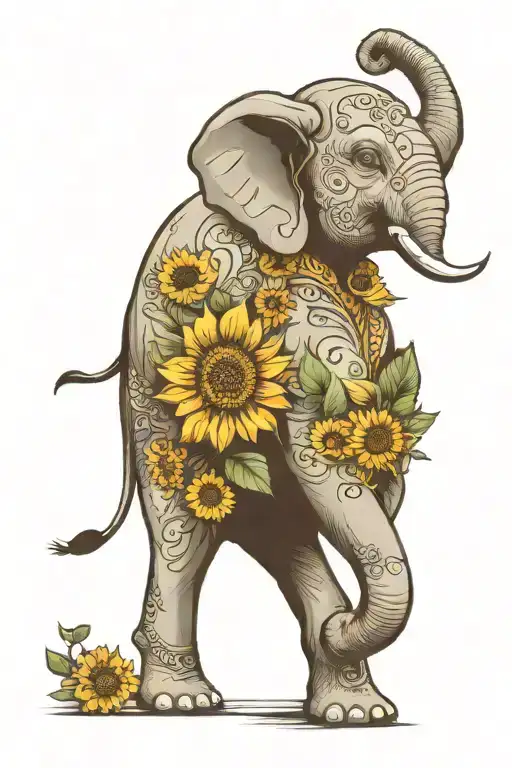 Balinese Elephant With Trunk Up Holding A Sunflower