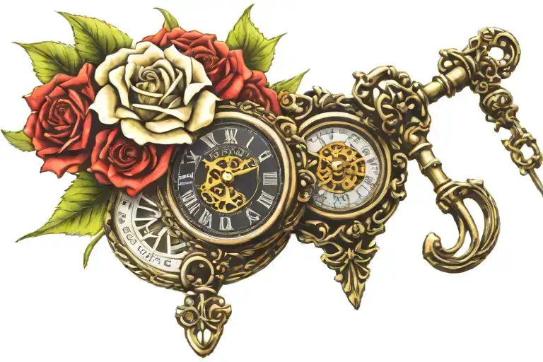 Gothic Alice In Wonderland Skeleton Key Roses Pocket Watch