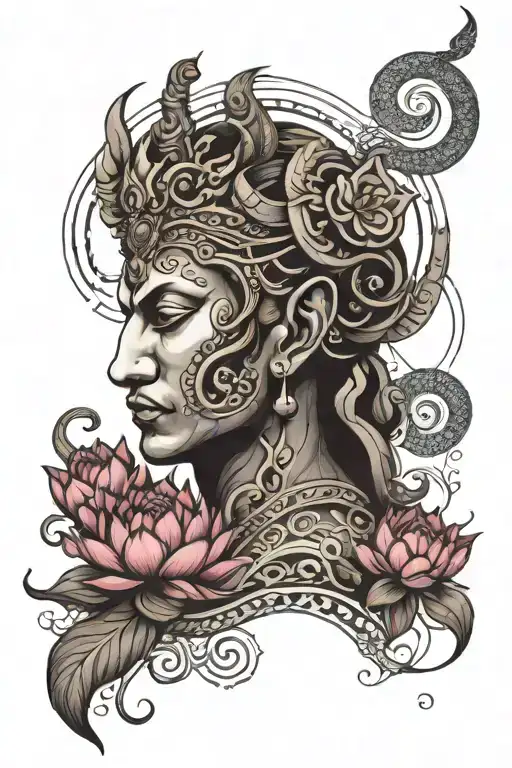 Peaceful Shivan Face Merged With Temple And Lotus And Snake