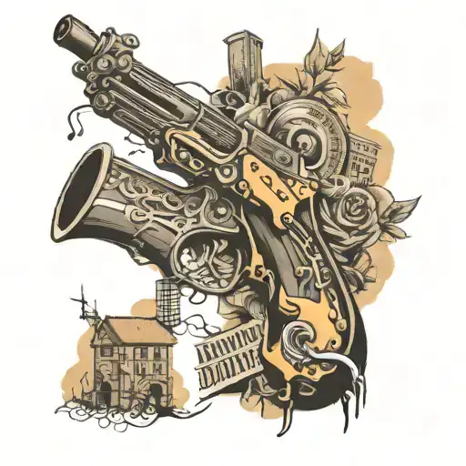 Ak 47 Gun Smoking Barrel With Music Notes Fading Through Smoking City Buildings