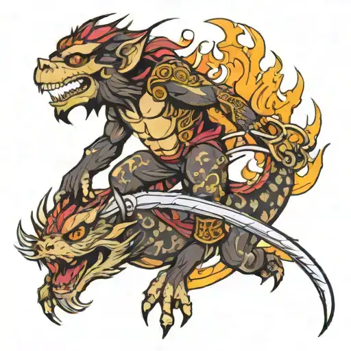 Monkey Riding Dragon With Flaming Sword