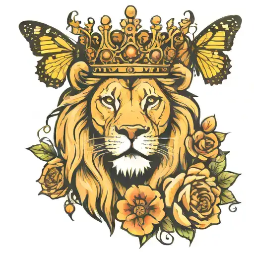 Lion With Crown Butterfly And August Flower