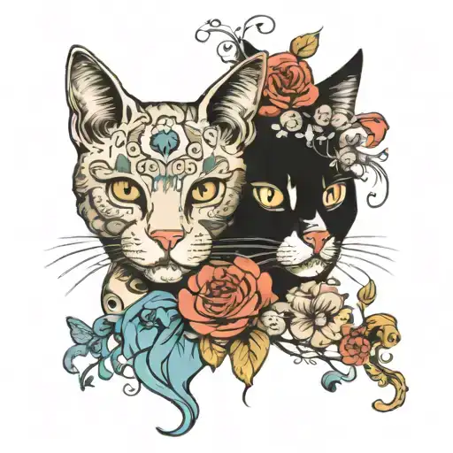 Cat With Flowers And Skulls Facing Each Other