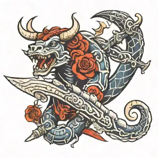 Bull And Snake Wrapped Around Sword