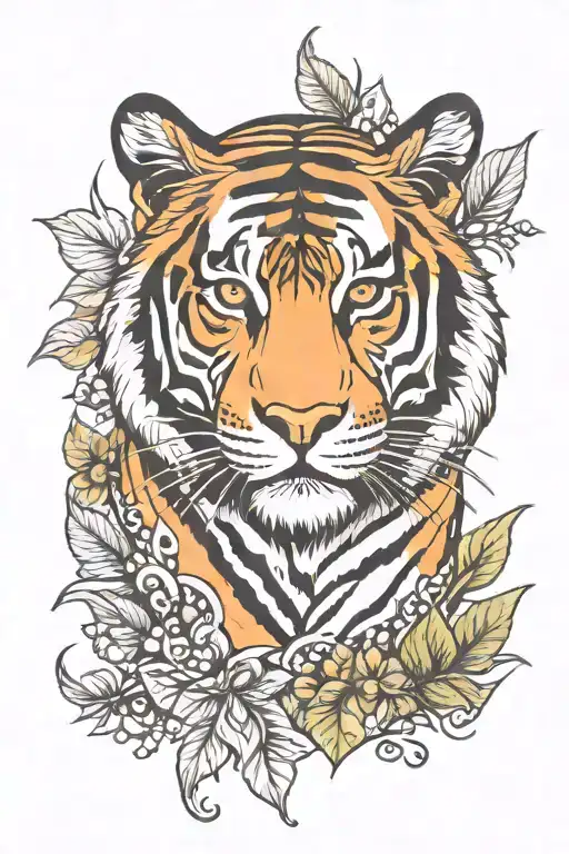 Tiger And Leaves With Tribal Patterns