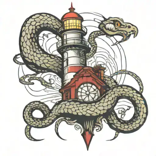 Snake Wrapped Around Lighthouse Coming Out Of A Head
