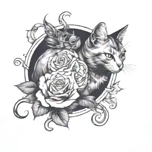 A Cat And Roses With Moon Phases