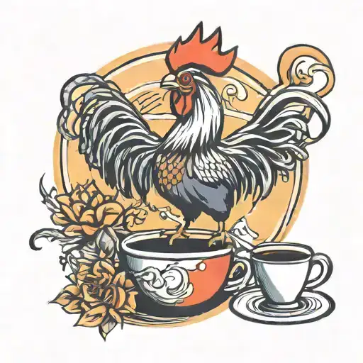 Colorful Tattoo Of A Rooster Drinking Coffee At Sunrise