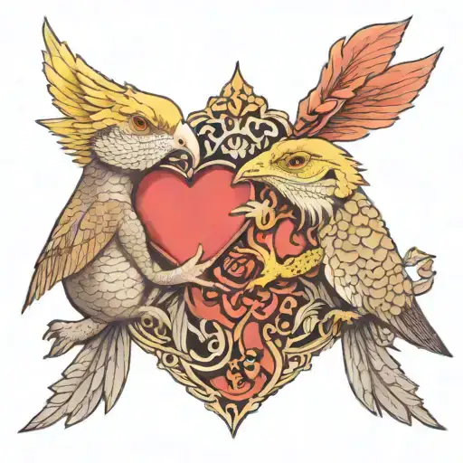 Cockatiel And Bearded Dragon Making A Heart Shape