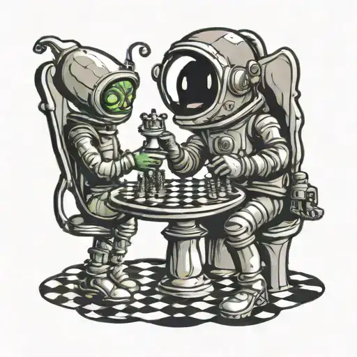 Cartoon Astronaut And Alien Playing Chess