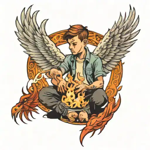 Young Boy Around Fire And A Pheonix Rises
