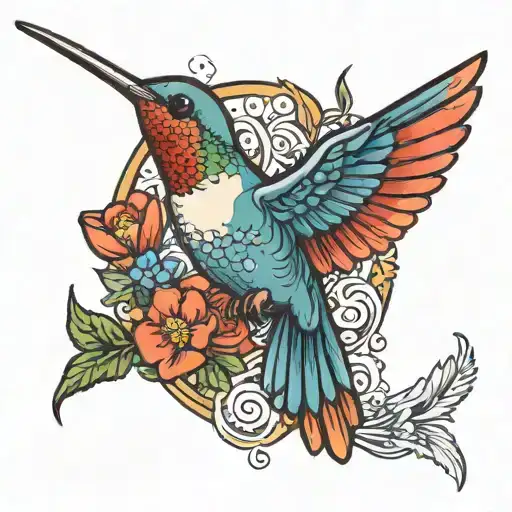 A Neotraditional Tattoo Of A Hummingbird Surrounded By Metis Flag Colors