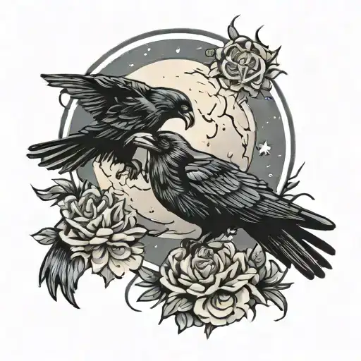 Gloving Moon And Raven Flying