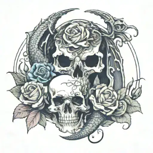 Dragon And Skull With Flowers Intertwined