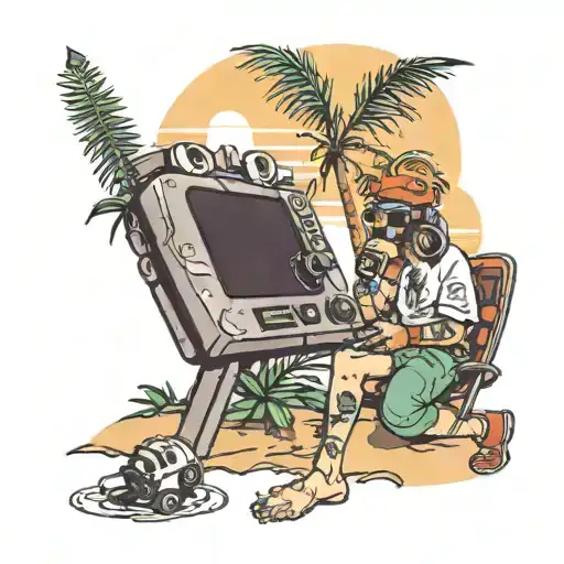 A Whimsical Scene Of Jay-bird Playing Video Games Under A Palm Tree With A Sunset In The Background