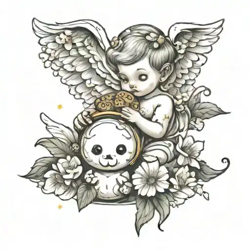 Baby Angel With Cookie And Pansie Flowers