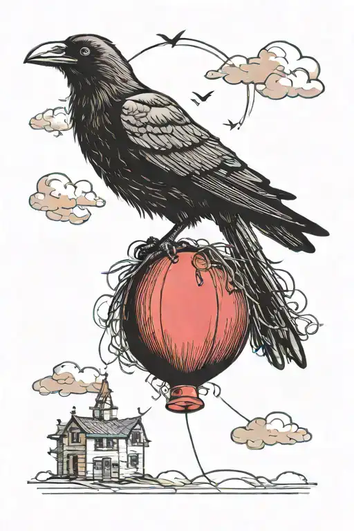 Crow Perched A Red Balloon In The Sky A Crow Flying