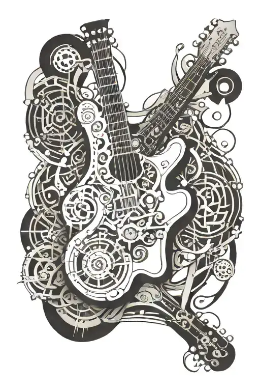 A Guitar With Intricate Mechanical Parts Intertwined With Philosophical Symbols