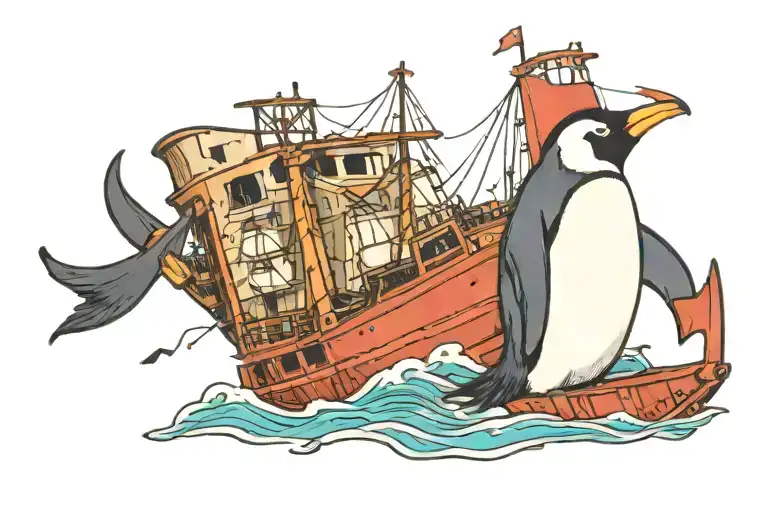 Penguin Next To Shipwreck Scene