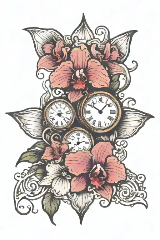 Clock And Orchid Flower