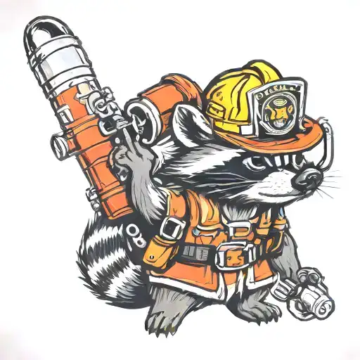 American Firefighter Raccoon Holding Nozzle