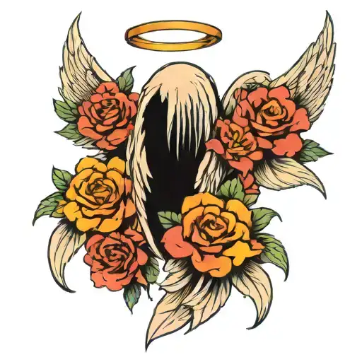 Angel Wing With Flowers In Between Fethers