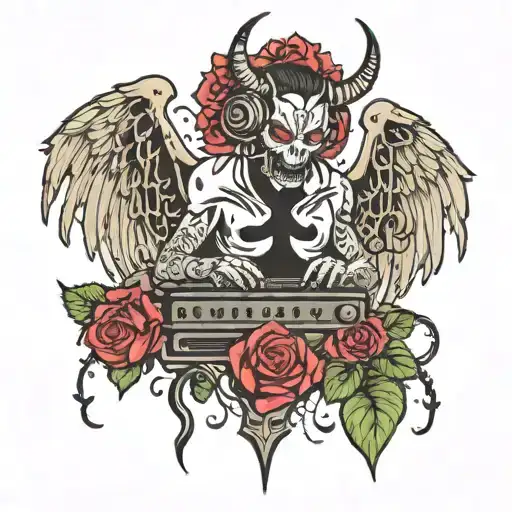 A Demon Dj With Wings Made Of Musical Notes And Roses