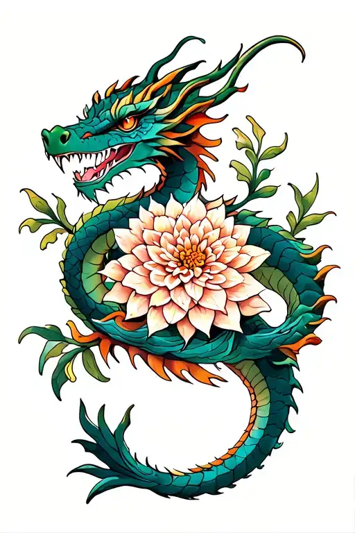 Dragon Wrapped Around Dahlia Flower Intertwined
