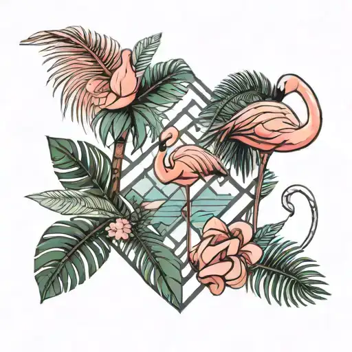 Small Tattoo With A Palm Tree With Geometric Design And A Flamingo With Leaves