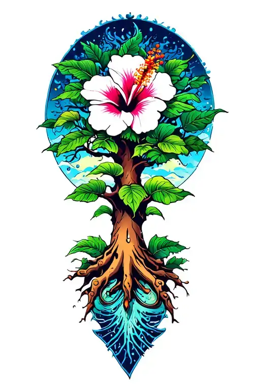 Psychedelic Tree And Hibiscus Flower