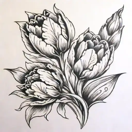 Flower -Realistic Tulips Black And Grey With A Bright Colored Serape Intertwined