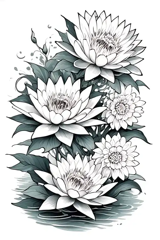 2 Water Lilies And Chrysanthemum Flower Intertwined