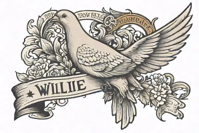Dove With A Banner In Mouth With The Name Willie Roy